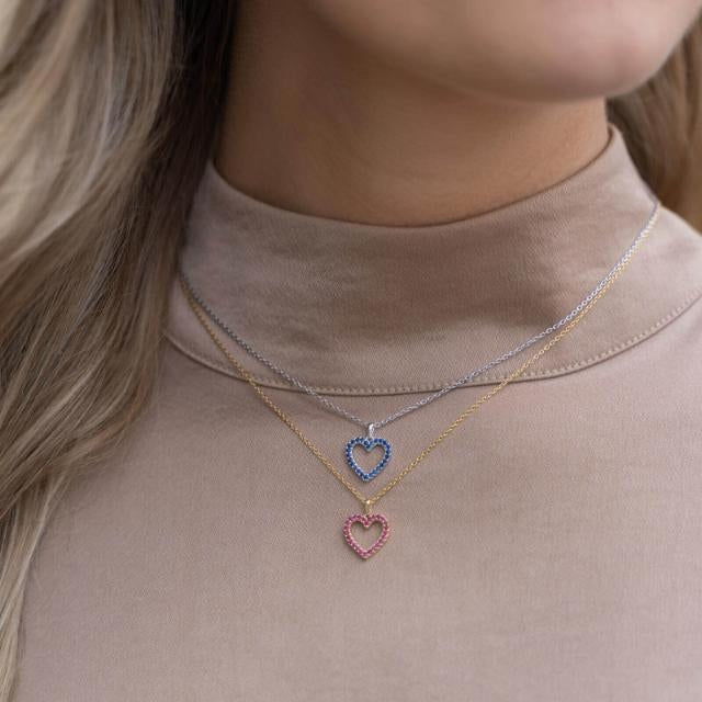 Siersbøl 14kt Hvidgulds Hjerte Vedhæng med Safir i Sølv Kæde 20100130605